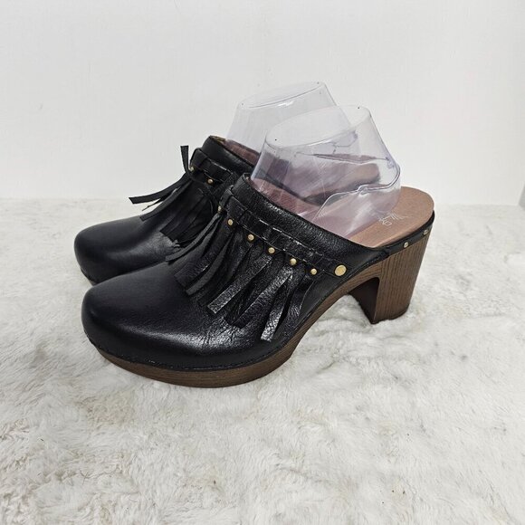 NWT Dansko Black Fringed Leather Boho Y2K Clogs Size 41 ( 9.5) - Picture 1 of 13
